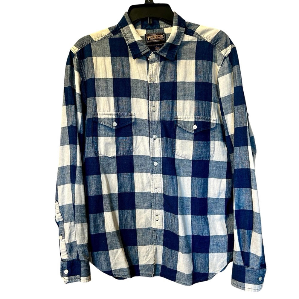 Pendleton Portland Collection Men’s Cotton Linen blend Blue White Shirt Sz Large